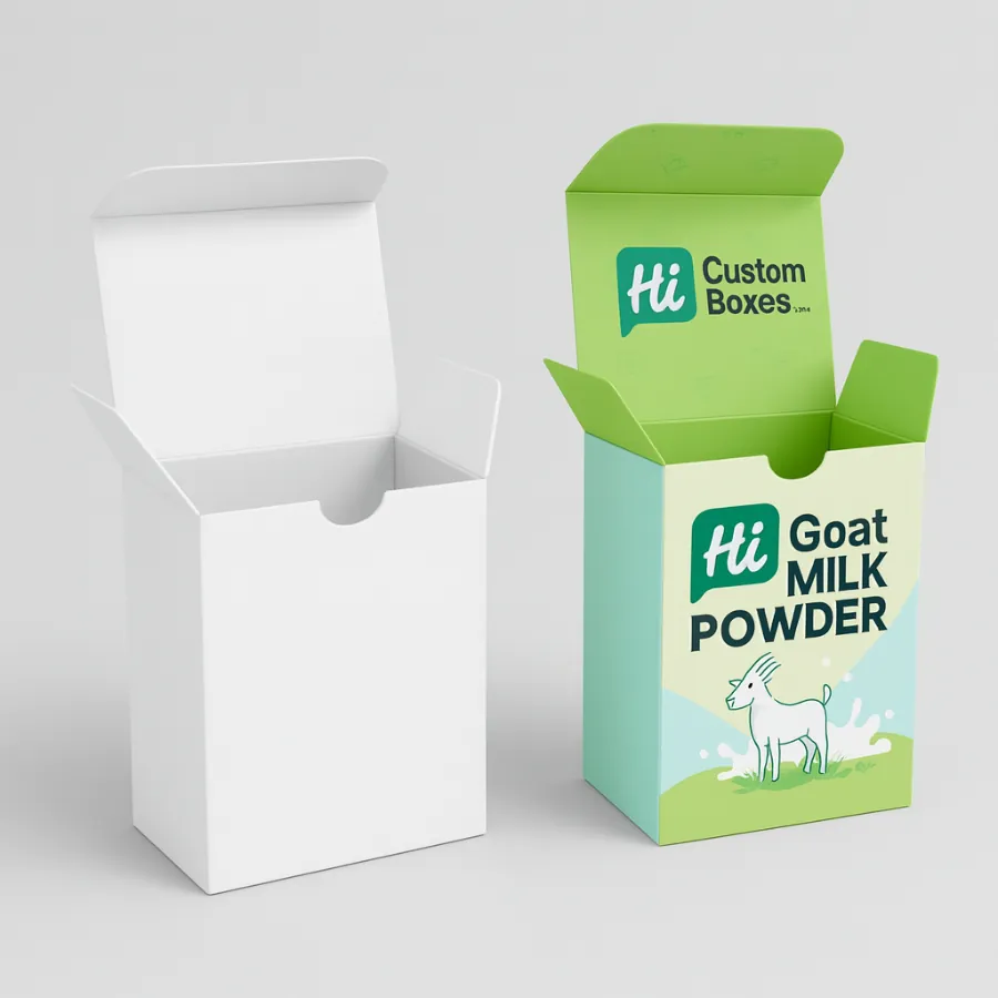 A tall white mockup box next to a colourful printed carton for goat milk powder- class=